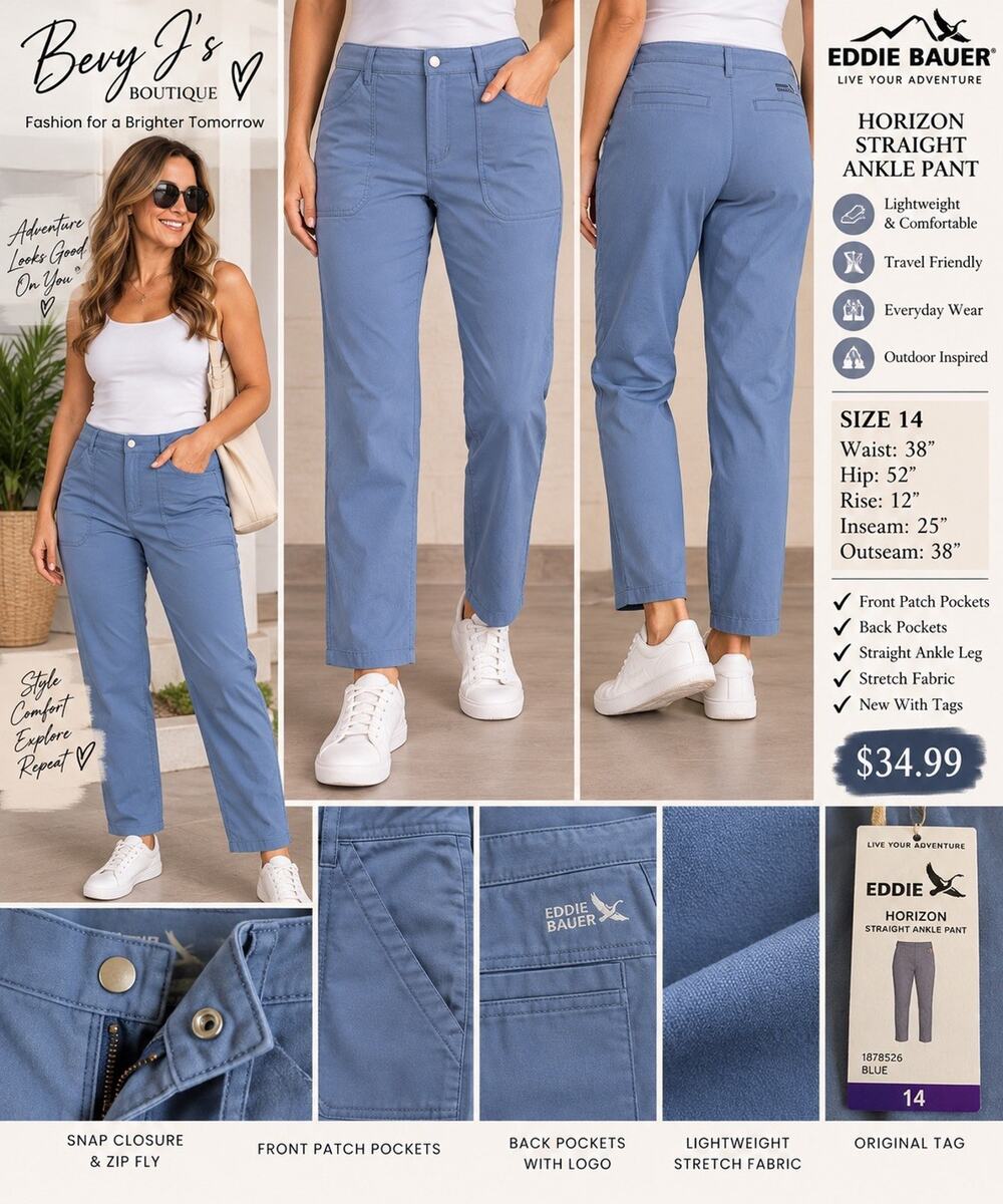 Eddie Bauer Women’s Blue Solid Straight Ankle Pants Pockets Button Zip Logo